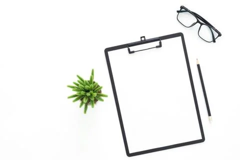 Creative flat lay photo of workspace desk. Top view office desk with glasse.. Stock Photos