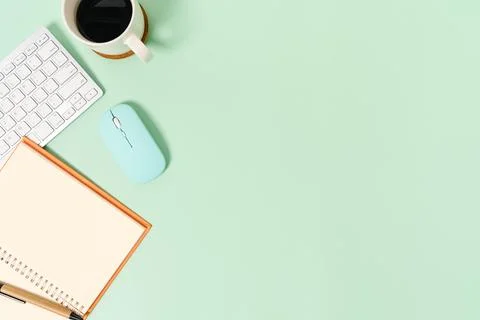 Creative flat lay photo of workspace desk. Top view office desk with keyboa.. Stock Photos