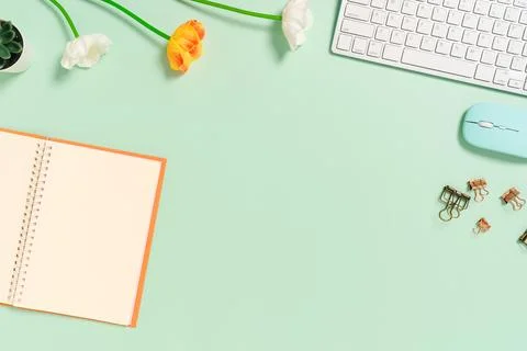 Creative flat lay photo of workspace desk. Top view office desk with keyboa.. Stock Photos