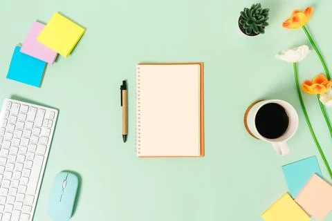 Creative flat lay photo of workspace desk. Top view office desk with keyboa.. Stock Photos
