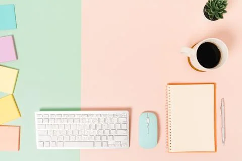Creative flat lay photo of workspace desk. Top view office desk with keyboa.. Stock Photos