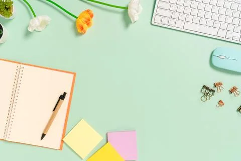 Creative flat lay photo of workspace desk. Top view office desk with keyboa.. Stock Photos