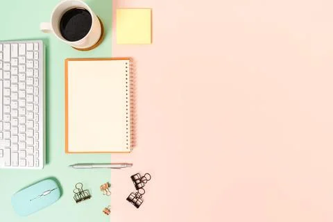 Creative flat lay photo of workspace desk. Top view office desk with keyboa.. Stock Photos