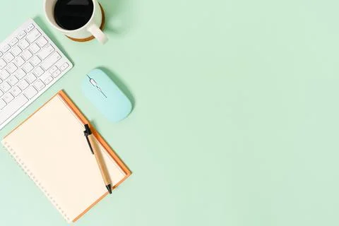 Creative flat lay photo of workspace desk. Top view office desk with keyboa.. Stock Photos
