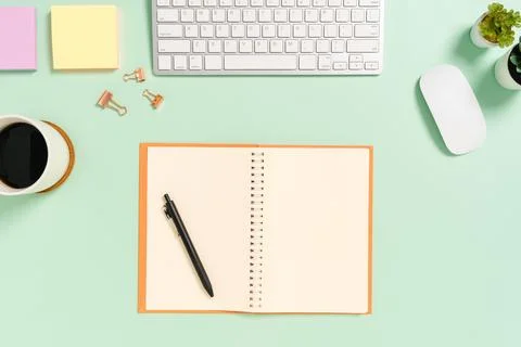 Creative flat lay photo of workspace desk. Top view office desk with keyboa.. Stock Photos