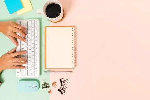 Creative flat lay photo of workspace desk. Top view office desk with keyboa.. Stock Photos