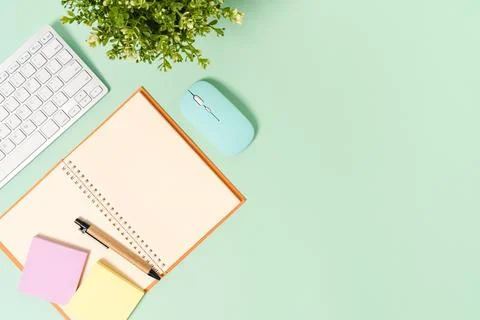 Creative flat lay photo of workspace desk. Top view office desk with keyboa.. Stock Photos