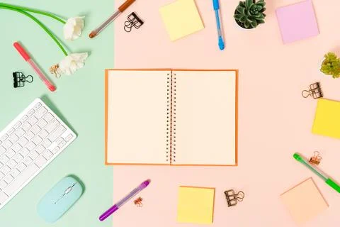 Creative flat lay photo of workspace desk. Top view office desk with keyboa.. Stock Photos