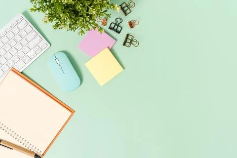 Creative flat lay photo of workspace desk. Top view office desk with keyboa.. Stock Photos