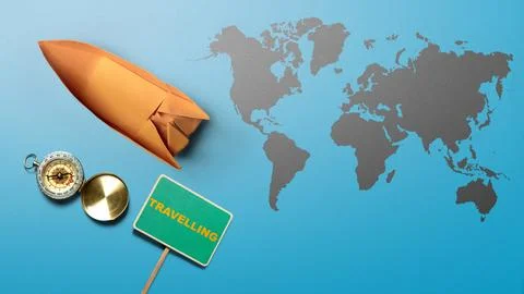A creative flat lay representation of world travel featuring an orange pape.. Stock Photos