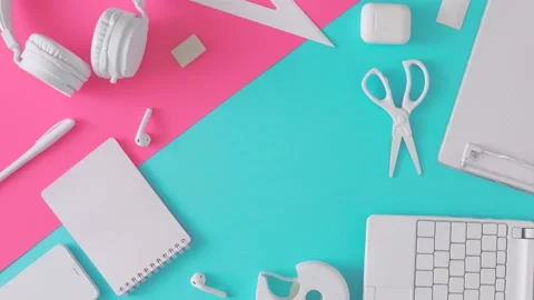 Creative flat lay with school supplies on pink and blue background Stock-Footage 201193088