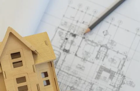 Creative flat lay  top view blueprints architectural flat project plan. Stock Photos