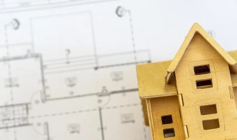 Creative flat lay  top view blueprints architectural flat project plan . Stock Photos