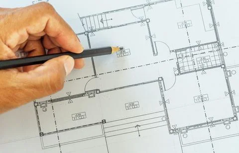 Creative flat lay  top view blueprints architectural flat project plan . Stock Photos