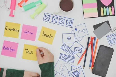 Creative flat lay top view photo of UX designer working space and office supp Stock Photos