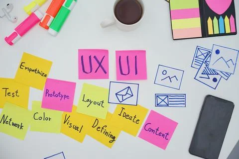 Creative flat lay top view photo of UX designer working space and office supp Stock Photos