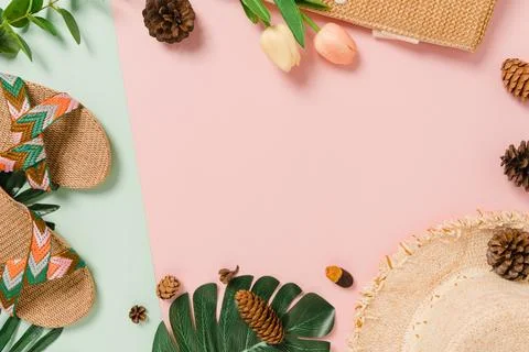 Creative flat lay of travel vacation spring or summer tropical fashion. Top.. Stock Photos