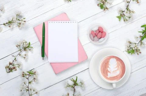 Creative flat lay of workspace desk, notepad and lifestyle objects on wooden  Stock Photos