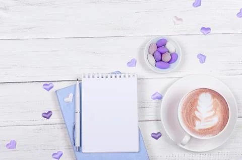 Creative flat lay of workspace desk, notepad and lifestyle objects on wooden  Stock Photos