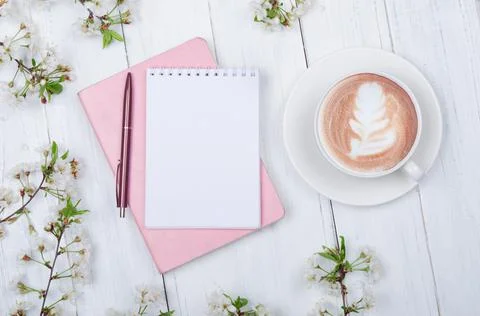 Creative flat lay of workspace desk, notepad and lifestyle objects on wooden  Stock Photos