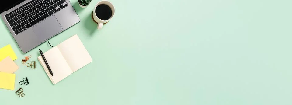 Creative flat lay of workspace desk. Top view office desk with laptop, coff.. Stock Photos