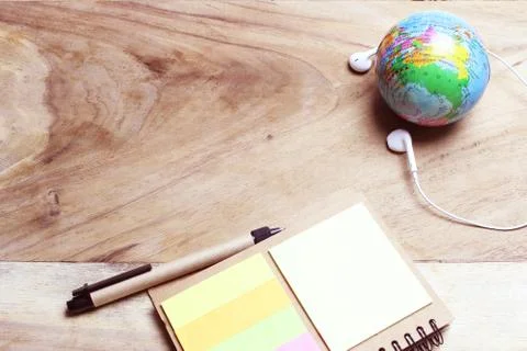 Creative flat lay of workspace office desk with copy space background Stock Photos