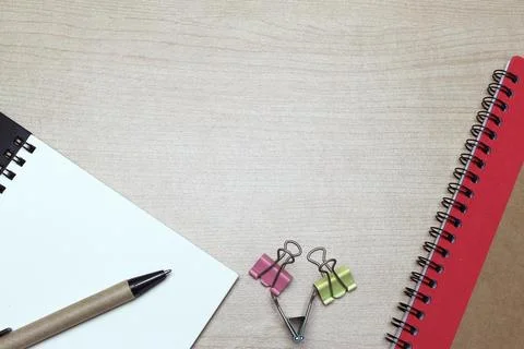 Creative flat lay of workspace office desk with copy space background Stock Photos