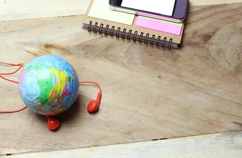 Creative flat lay of workspace office desk with copy space background Stock Photos
