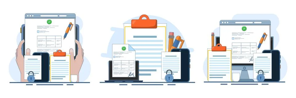 Creative flat vector illustration set showcasing contract documents Stock Illustration