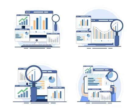 Creative flat vector illustration set showcasing data analytics Stock Illustration