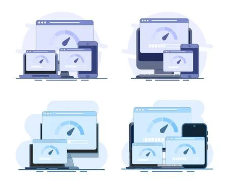 Creative flat vector illustration set showcasing internet speed tests Stock Illustration