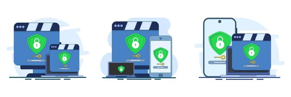 Creative flat vector illustration set showcasing cybersecurity software Stock Illustration