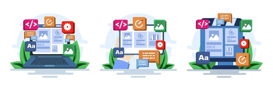 Creative flat vector illustration set showcasing website development Stock Illustration