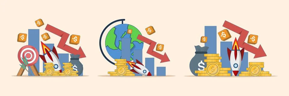 Creative flat vector illustration set showcasing economic downturn Stock Illustration