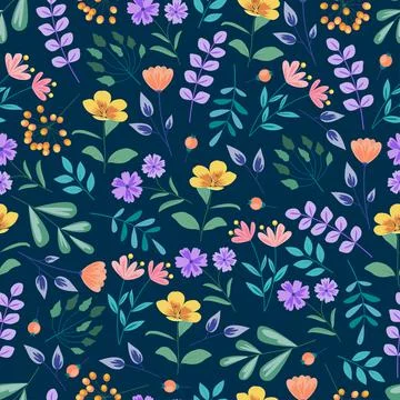 Creative floral seamless pattern design. Blooming flowers and leaves. Stock Illustration
