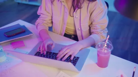 Creative Flow, Visual Identity, Focus Mode. Woman s Hands Work on Laptop Stock Footage 306887084