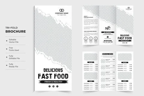 Creative food menu tri fold brochure design with brush effect on a white ba.. Stock Illustration
