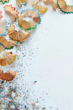 Creative frame made of color pencil shavings a on a white paper Foto stock
