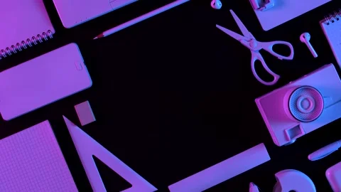 Creative frame of school supplies in vibrant gradient neon background Stock Footage 201193639