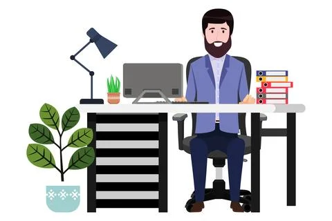 Creative freelancer working on desk with chair Stock Illustration
