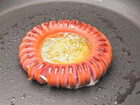 Creative fried scrambled eggs and flower shaped sausages in a pan Stock Photos