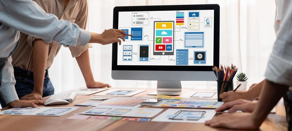 Creative front-end developer brainstorming UI design. Scrutinize Foto stock