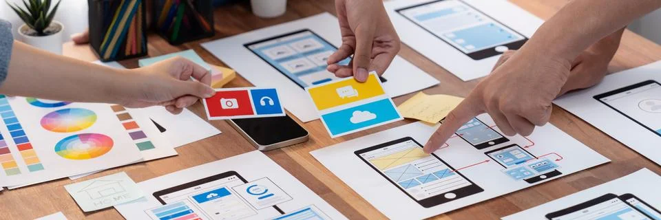 Creative front-end developer brainstorming UI design. Scrutinize Stock Photos