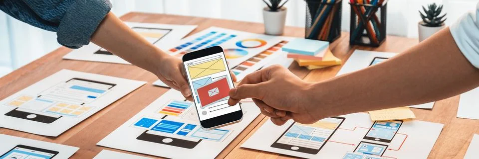 Creative front-end developer brainstorming UI design. Scrutinize Stock Photos
