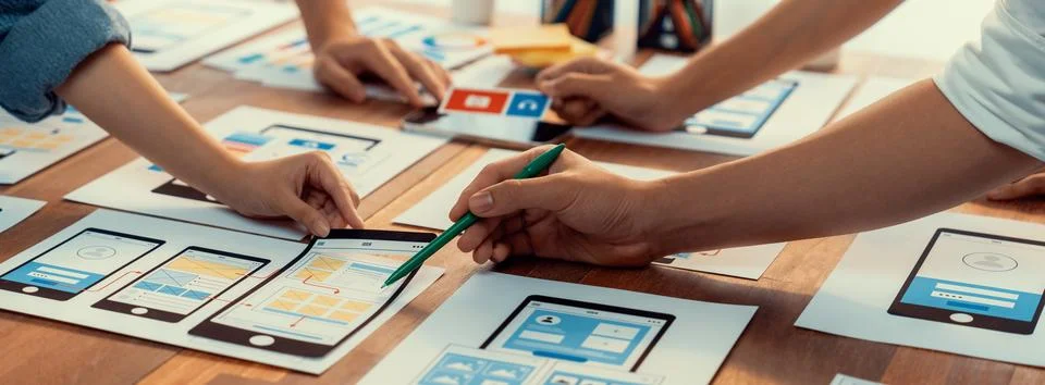 Creative front-end developer brainstorming UI design. Scrutinize Foto stock