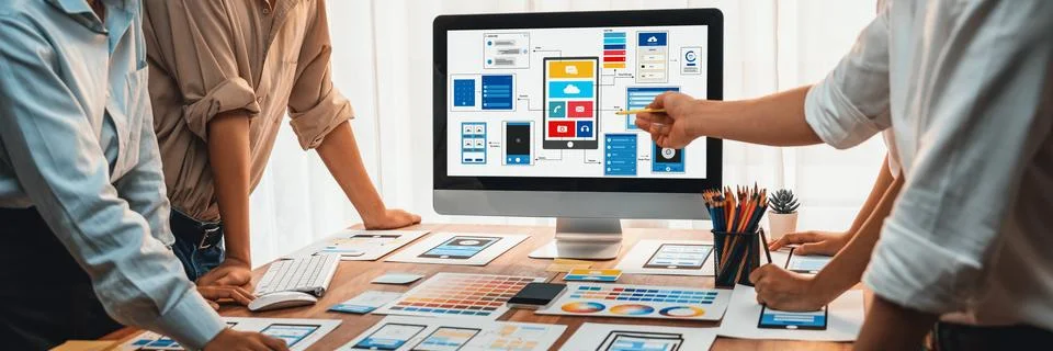 Creative front-end developer brainstorming UI design. Scrutinize Foto stock
