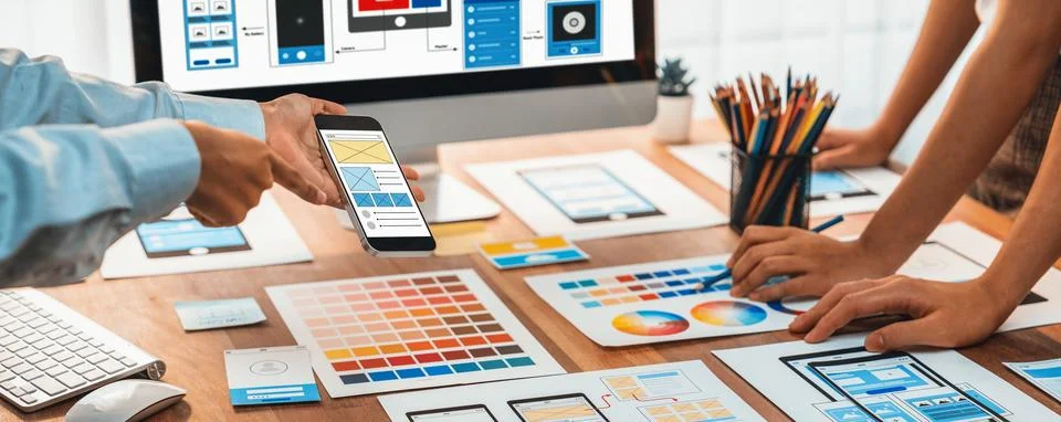 Creative front-end developer brainstorming UI design. Scrutinize 스톡 사진