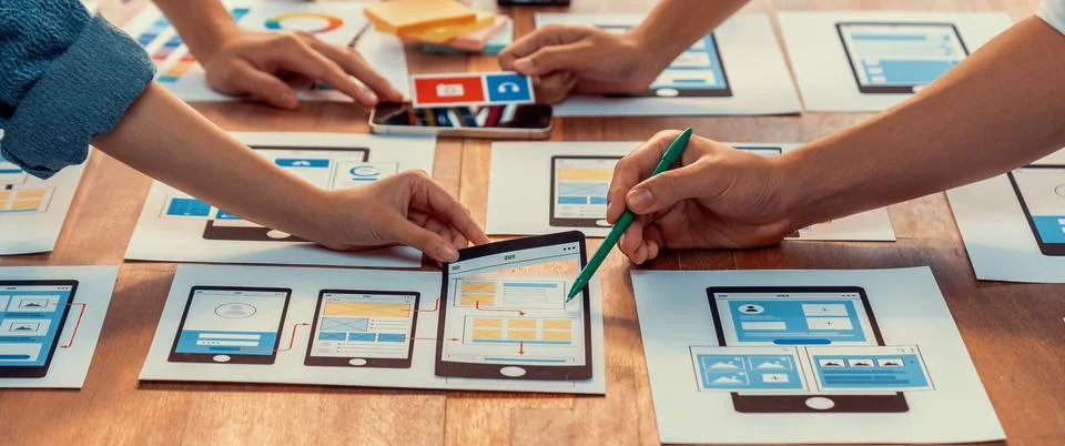 Creative front-end developer brainstorming UI design. Scrutinize Stock Photos