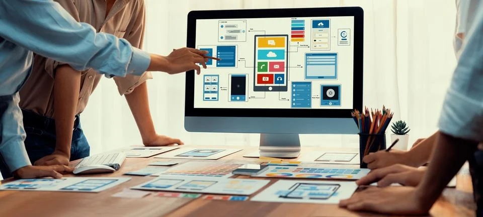 Creative front-end developer brainstorming UI design. Scrutinize 스톡 사진