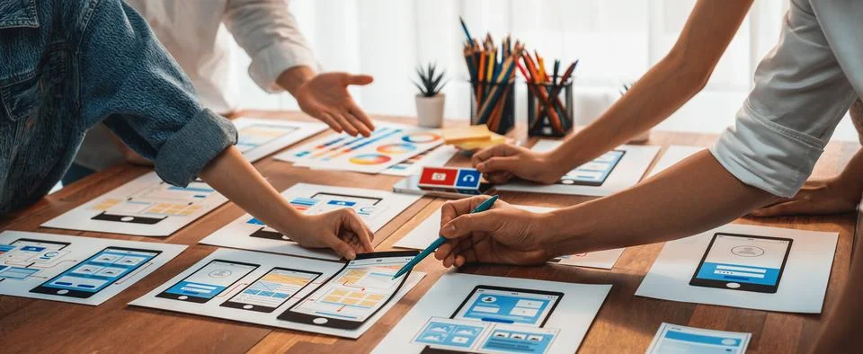 Creative front-end developer brainstorming UI design. Scrutinize Foto stock